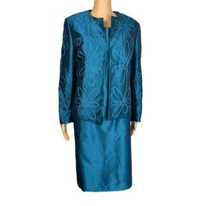 KASPER 3PC Dark Green Polyester Nylon Lined Embroidered Skirt Suit Top